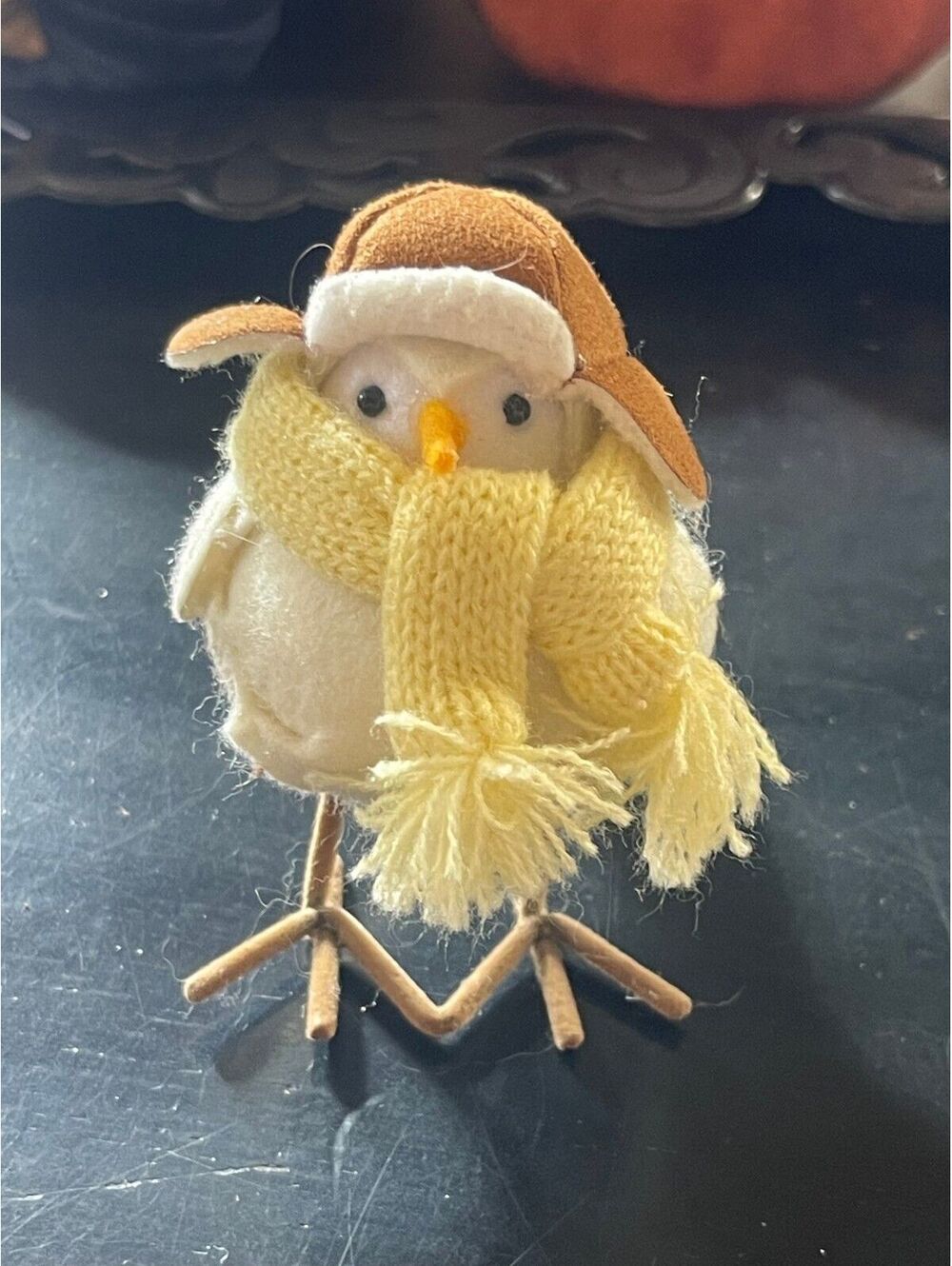 Small Decorative Fall Bird Figurine with Yellow Scarf and Brown Hat-Baby Bird
